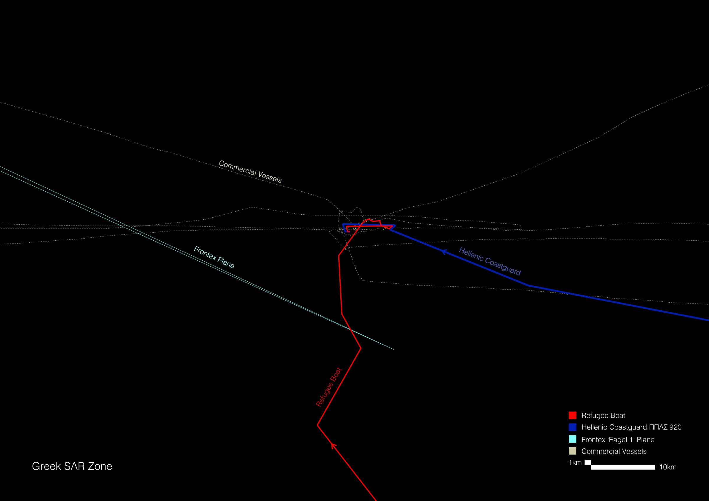 Pylos Shipwreck Map Zoomed In - A zoomed-in map documenting the trajectory of the migrant boat (red), of the Hellenic Coast Guard (blue) and of the other vessels. (Forensis, 2023)