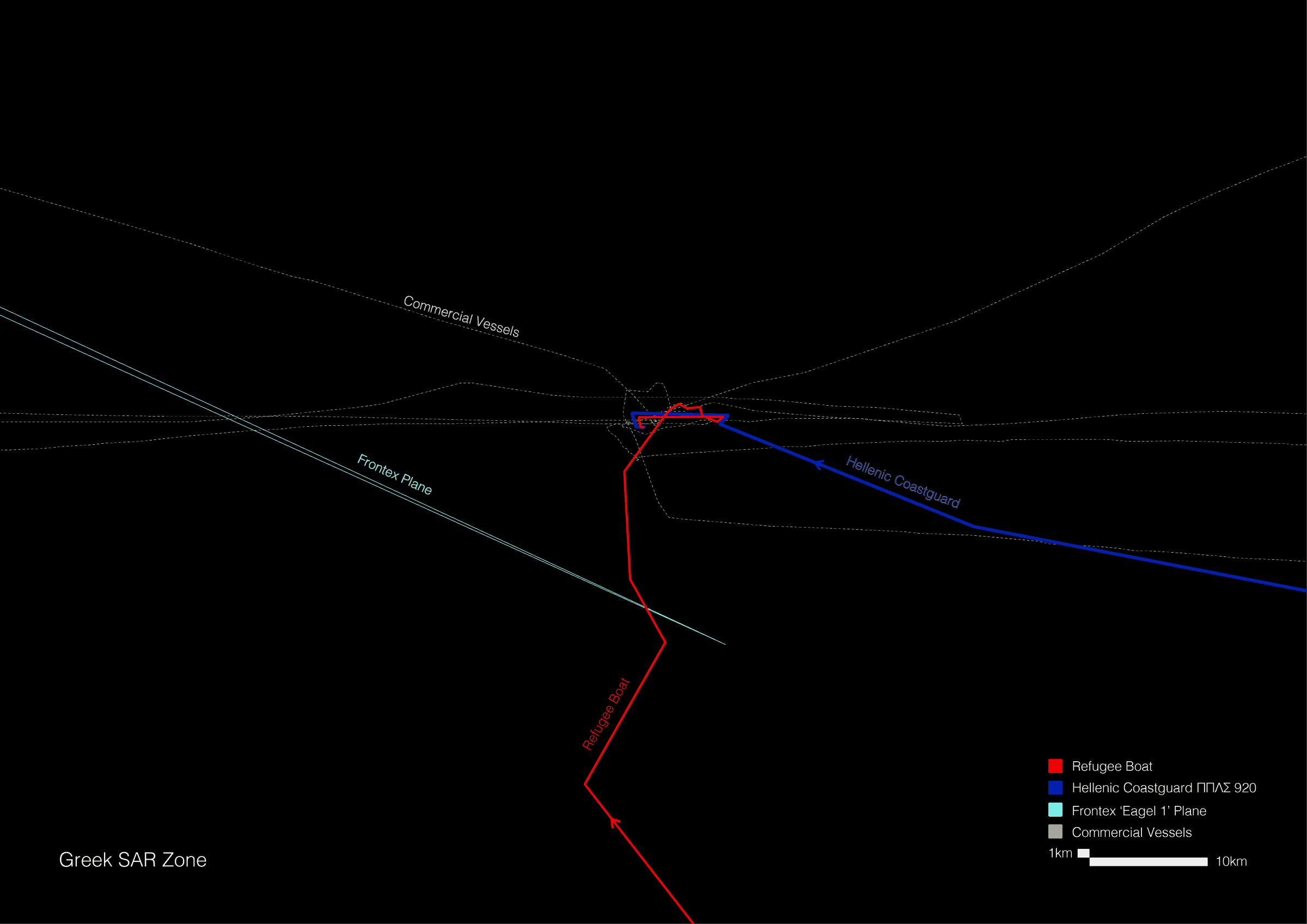 Pylos Shipwreck Map Zoomed In - A zoomed-in map documenting the trajectory of the migrant boat (red), of the Hellenic Coast Guard (blue) and of the other vessels. (Forensis, 2023)