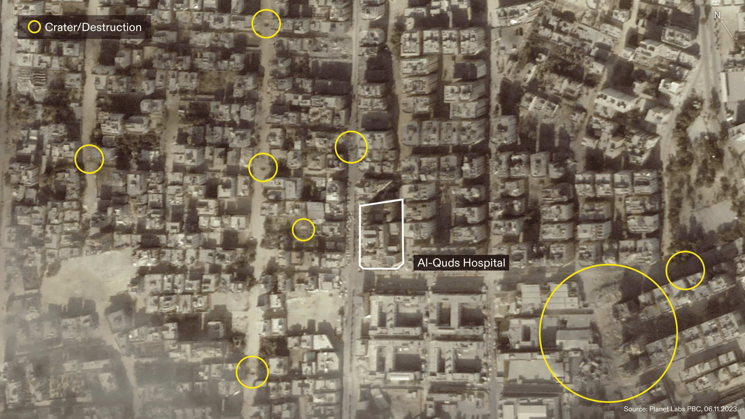 ICJ_Figure_12 - Figure 12: Satellite image of Al-Quds hospital. In yellow, craters and destruction areas caused by strikes on the main roads surrounding the hospital.