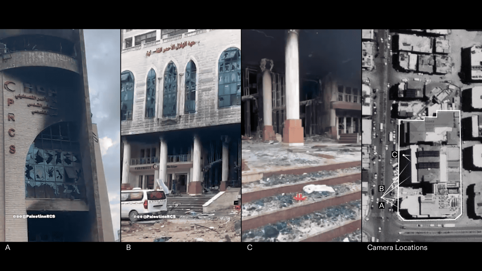 ICJ_Figure_13 - Figure 13: Photographs showing the aftermath of Israeli targeting of Al-Quds Hospital. Source: Palestine Red Crescent Society, Source: Khaled Safi. On the right are the locations of each camera. Illustration by Forensic Architecture.