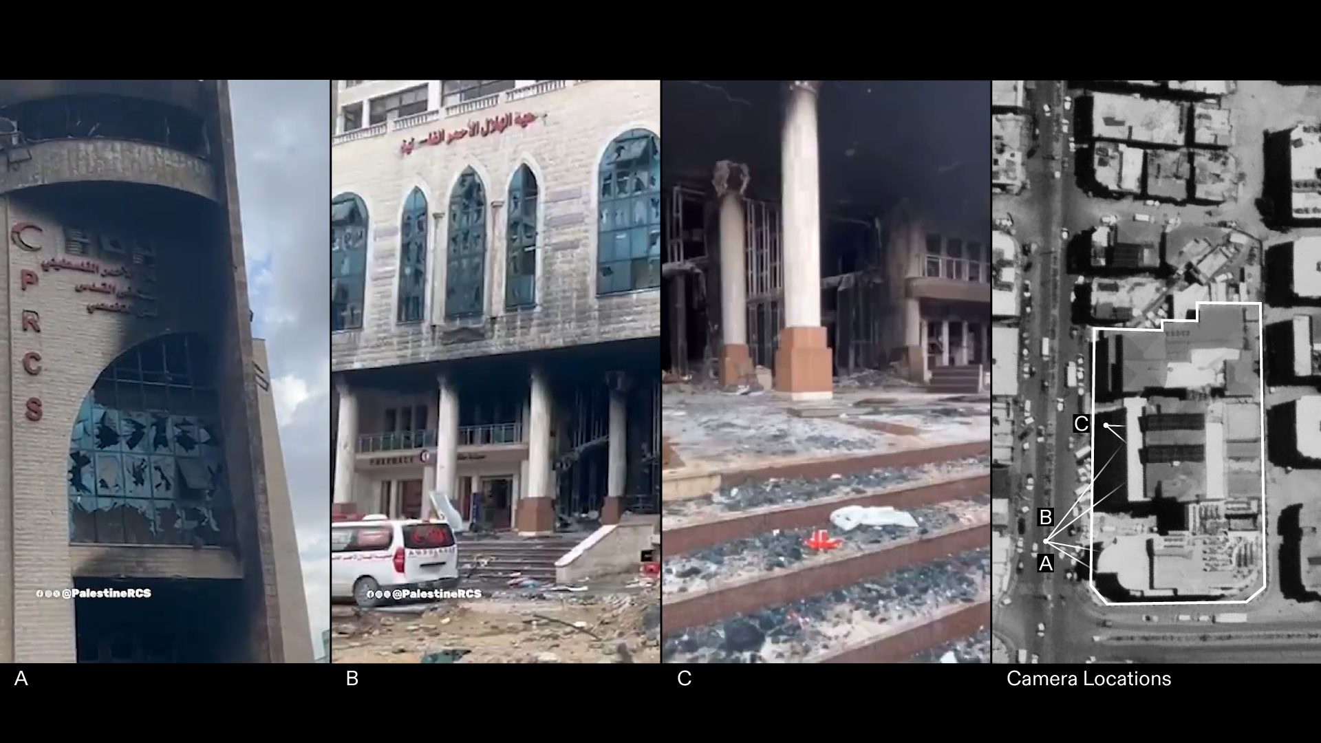ICJ_Figure_13 - Figure 13: Photographs showing the aftermath of Israeli targeting of Al-Quds Hospital. Source: Palestine Red Crescent Society, Source: Khaled Safi. On the right are the locations of each camera. Illustration by Forensic Architecture.