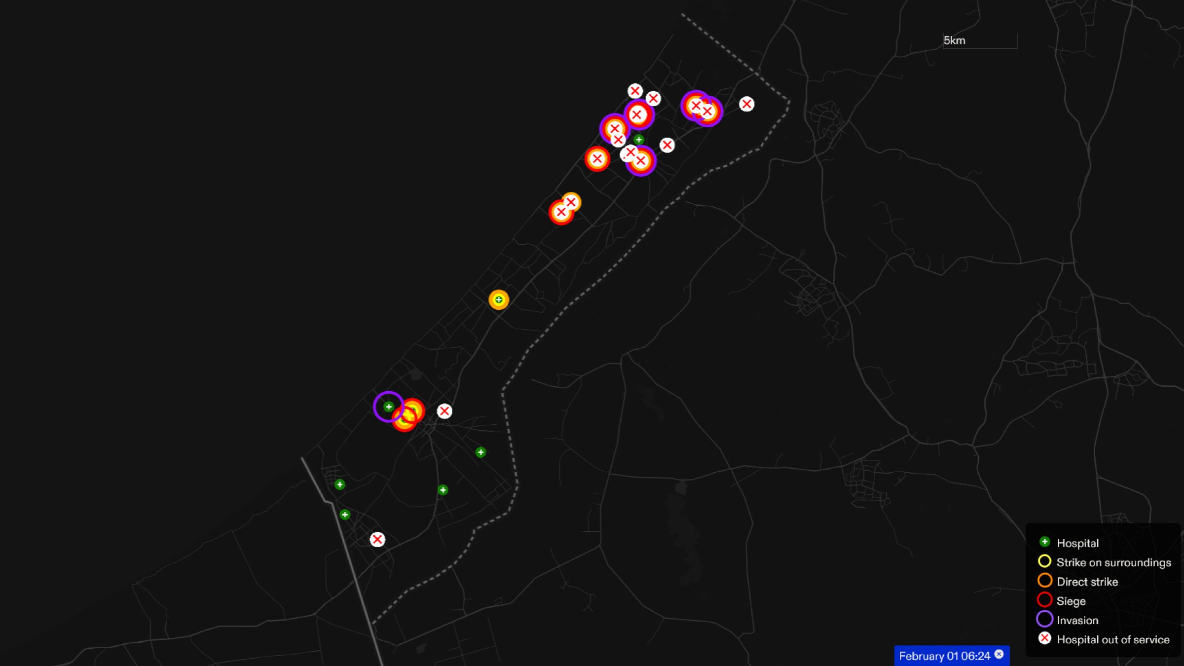 ICJ_Figure_16 - Figure 16: Screenshot of Forensic Architecture’s ‘Gaza Hospital Platform’ showing the status of hospitals in Gaza as of 1 February 2024. Illustration by Forensic Architecture