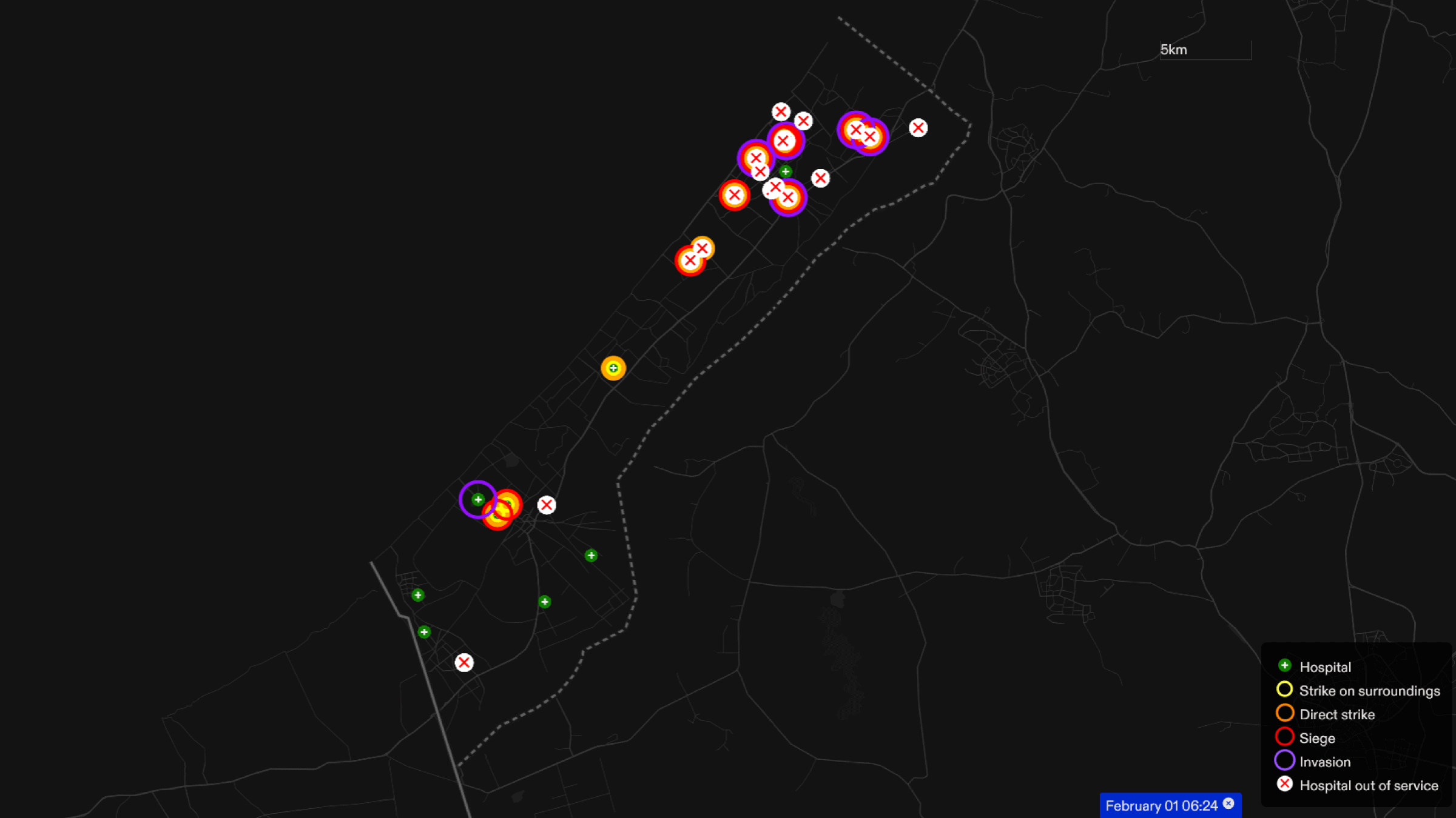ICJ_Figure_16 - Figure 16: Screenshot of Forensic Architecture’s ‘Gaza Hospital Platform’ showing the status of hospitals in Gaza as of 1 February 2024. Illustration by Forensic Architecture