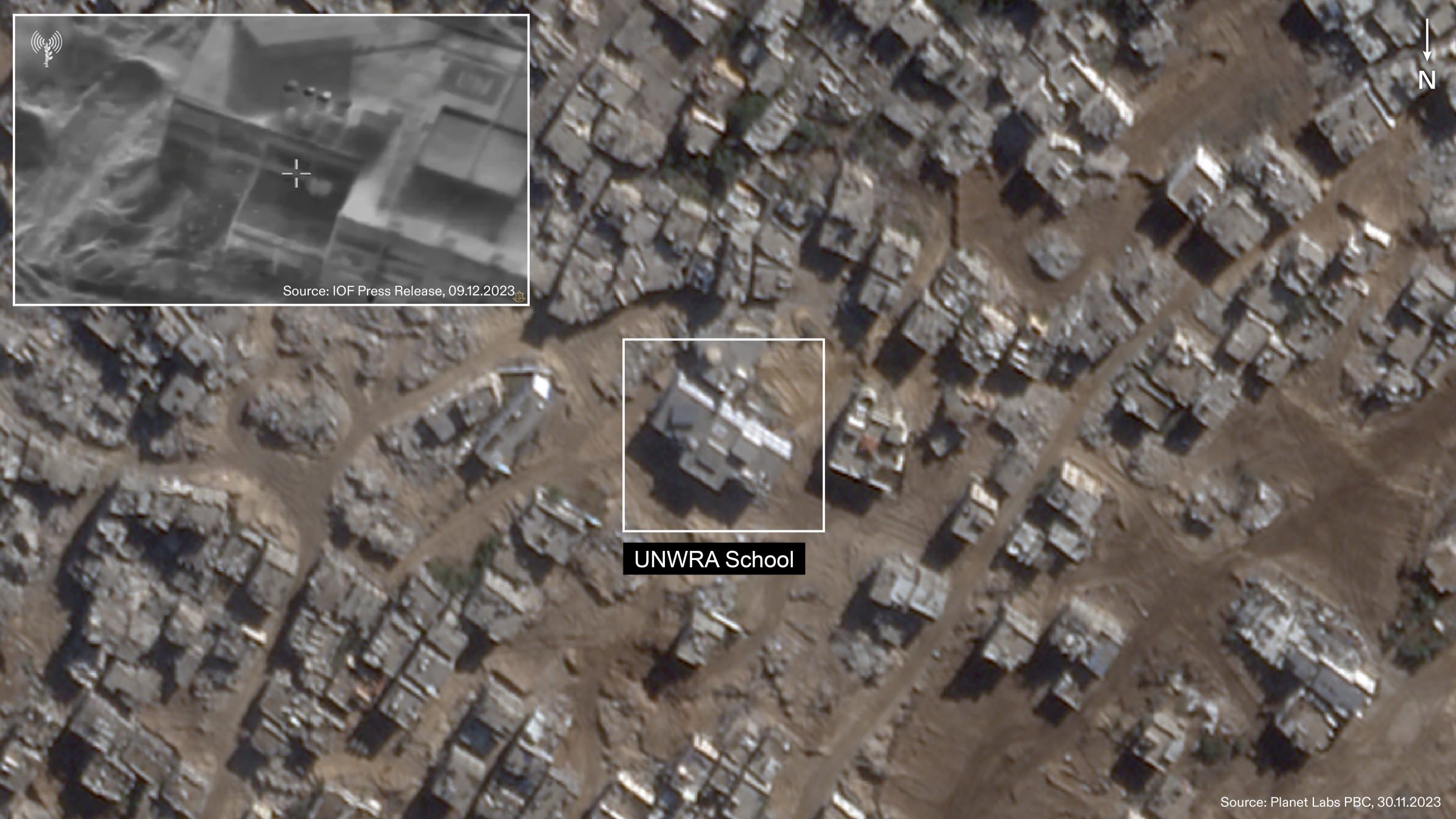 ICJ_Figure_17 - Figure 17: Satellite map of the surroundings of the school on 30 November 2023 with the still presented by the Israeli team during the ICJ (top left). Illustration by Forensic Architecture.