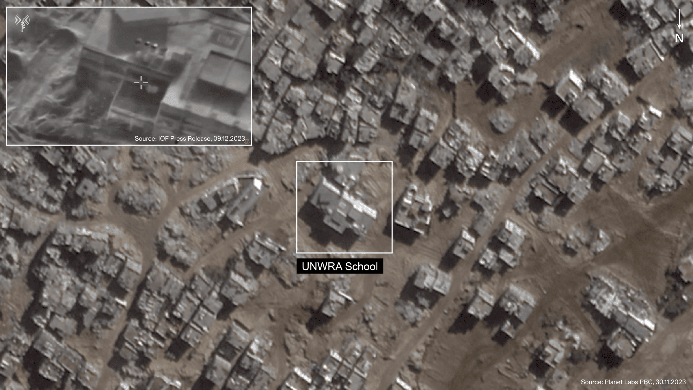 ICJ_Figure_17 - Figure 17: Satellite map of the surroundings of the school on 30 November 2023 with the still presented by the Israeli team during the ICJ (top left). Illustration by Forensic Architecture.