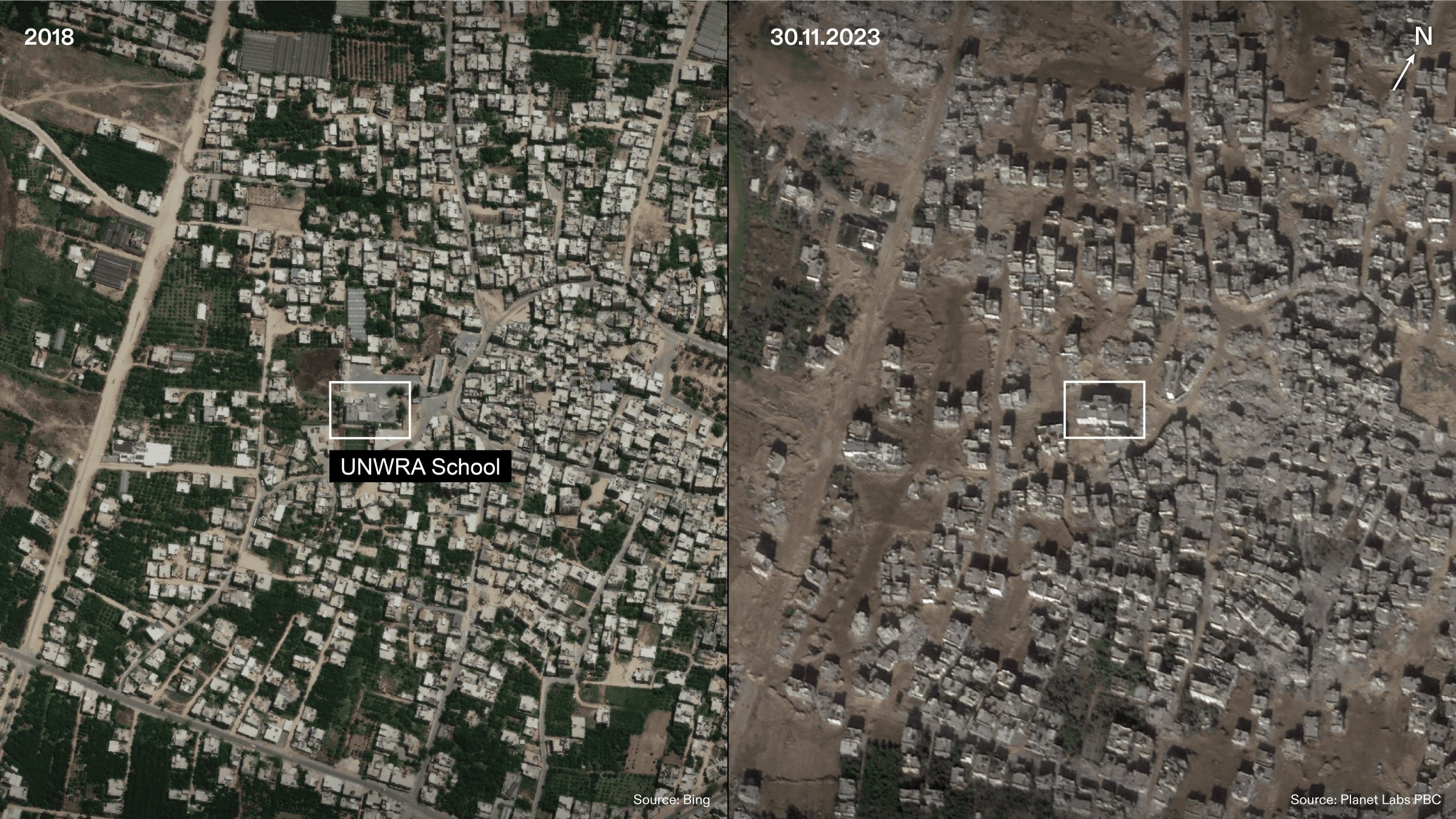 ICJ_Figure_18 - Figure 18: Satellite maps of Beit Hanoun where the UNWRA School is located, from 2018 (left) and 30 November 2023 (right), showing the level of destruction surrounding the UNRWA school building. Illustration by Forensic Architecture.
