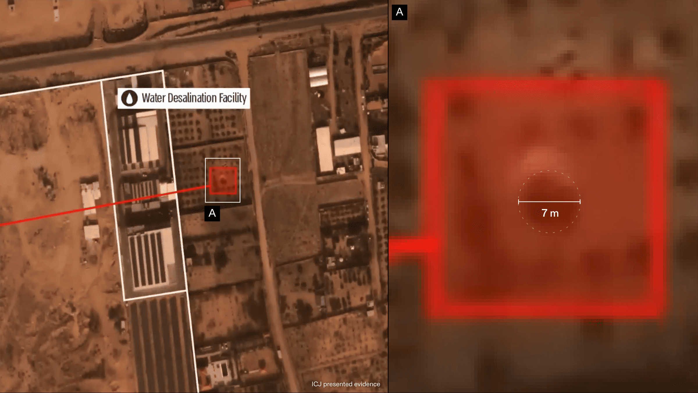 ICJ_Figure_2 - Figure 2: On left, image presented by the Israeli legal team at the ICJ. On right, magnified and measured highlighted feature. Illustration by Forensic Architecture.