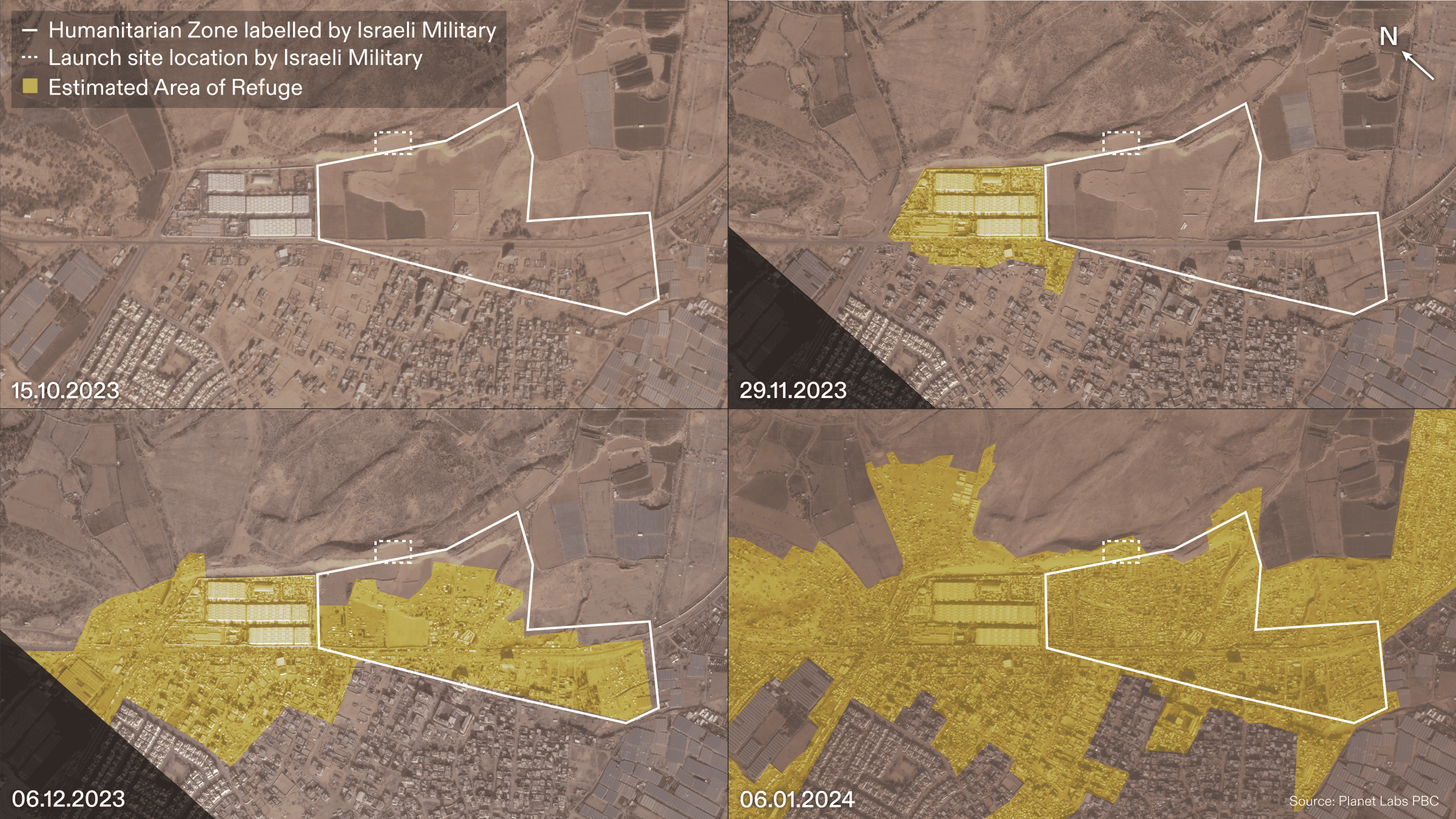 ICJ_Figure_21 - Figure 21: Satellite maps of Rafah where the UN Facility is located, from 15 October 2023 to 06 January 2024. Showing the growth of the refuge area (yellow highlight) and the ‘humanitarian zone’ claimed by Israel in Evidence Figure 6 (white line). Illustration by Forensic Architecture.