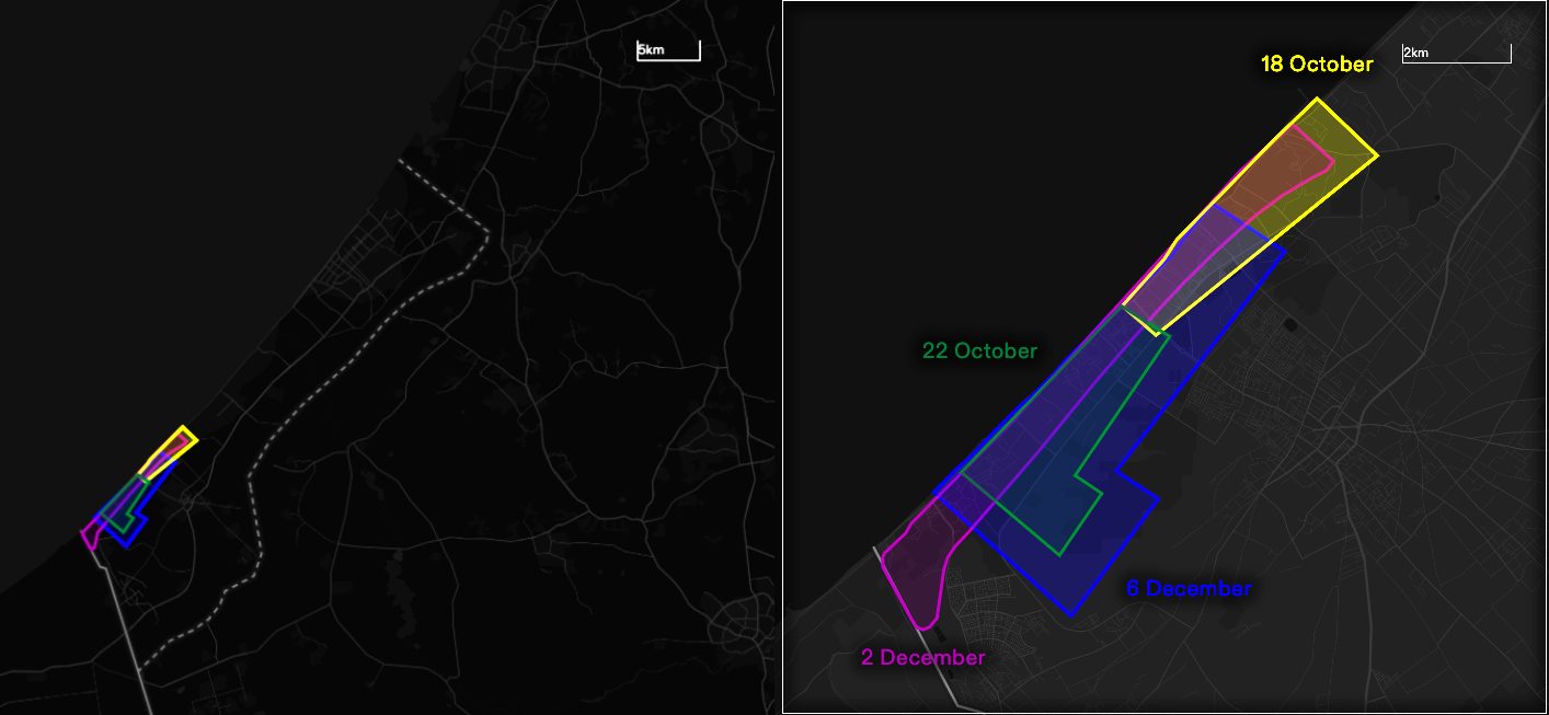 ICJ_Figure_22 - Figure 22: The overlap of the four distinct boundaries for the 'safe zone' in Al-Mawasi. Illustration by Forensic Architecture. Source:
