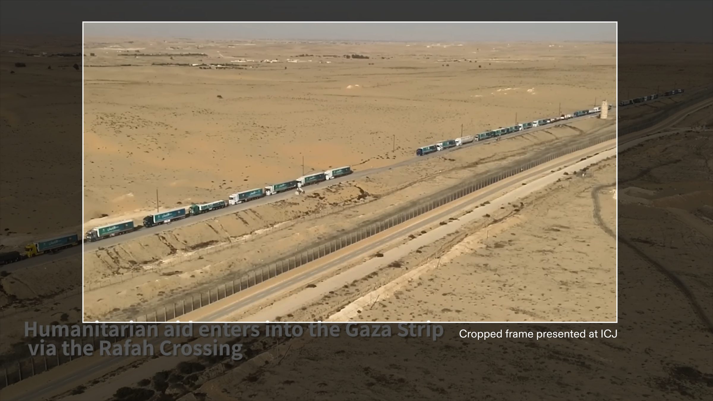ICJ_Figure_24 - Figure 24: Original image taken from the video of the Israeli military press release in the background (Image A in Figure 23). Highlighted crop in white of the presented evidence at ICJ. Illustration by Forensic Architecture.