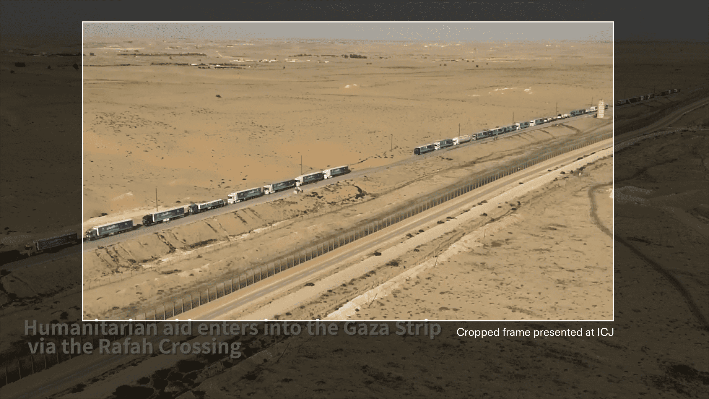 ICJ_Figure_24 - Figure 24: Original image taken from the video of the Israeli military press release in the background (Image A in Figure 23). Highlighted crop in white of the presented evidence at ICJ. Illustration by Forensic Architecture.