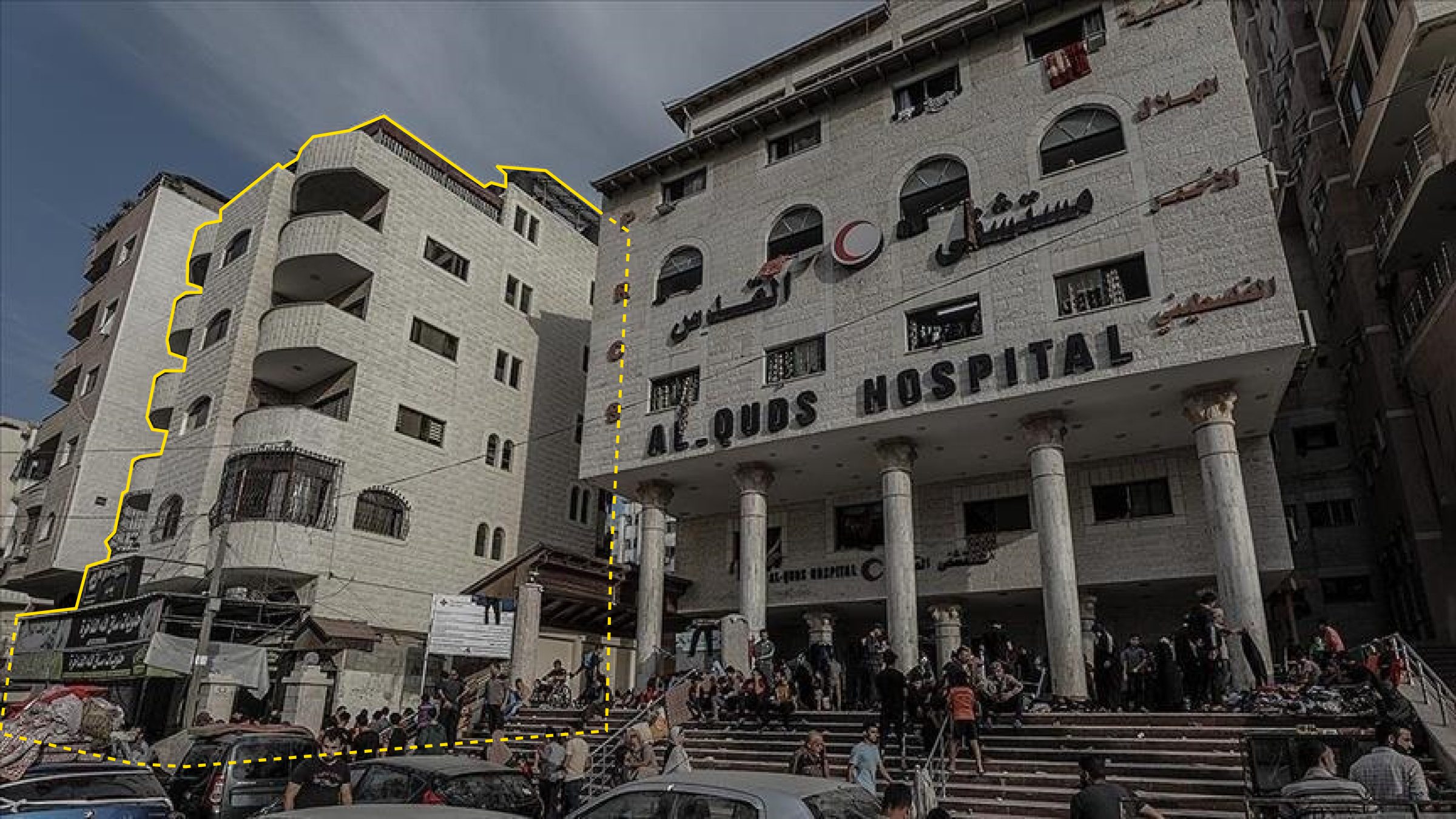 ICJ_Figure_6 - Figure 6: Residential building north of Al-Quds Hospital. The sign reading ‘desserts’ is the black one on the ground floor of the dotted lined building. Illustration by Forensic Architecture. Source: Anadolu Agency