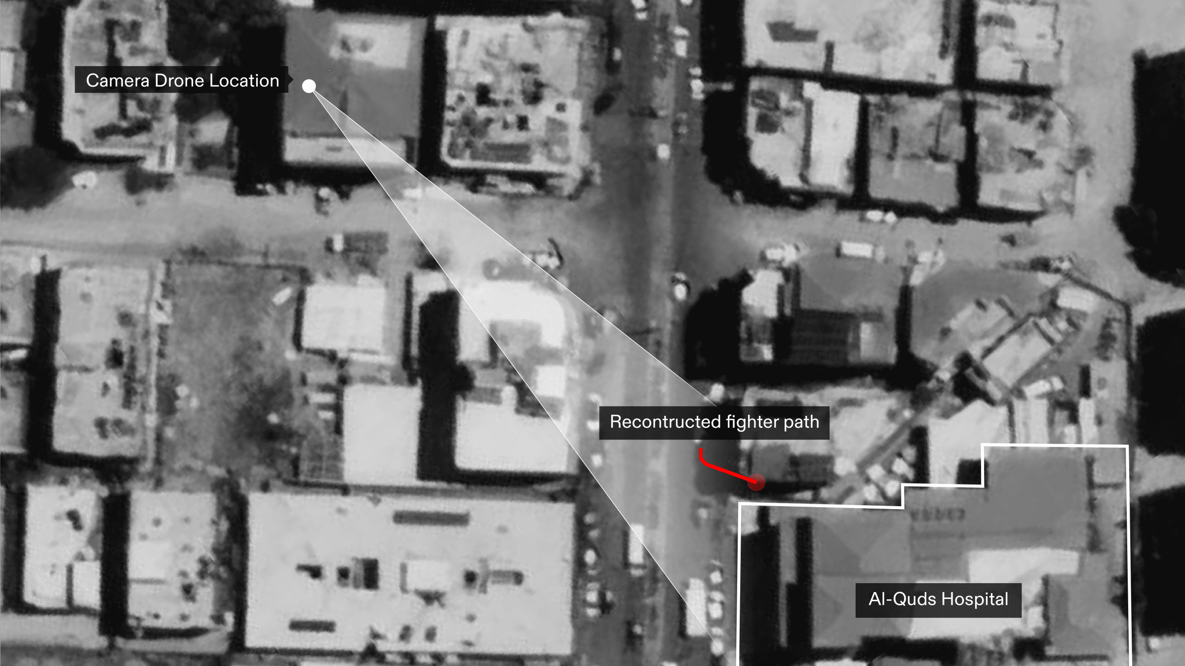 ICJ_Figure_5 - Figure 5: Approximate location and view cone of the drone which captures Figure 4 and Evidence Figure 2. The reconstructed trajectory of fighter is in red. Illustration by Forensic Architecture.