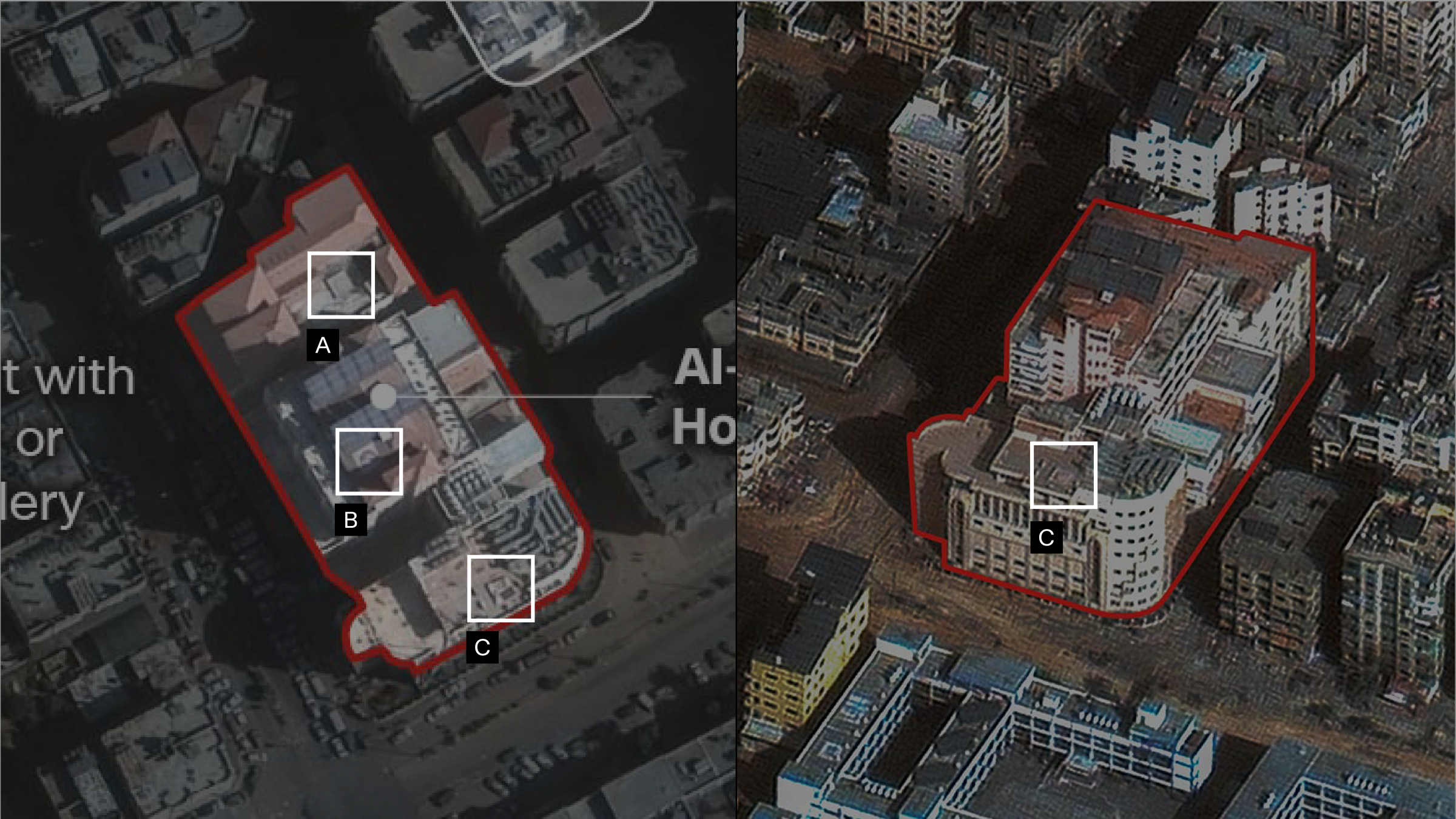 ICJ_Figure_8 - Figure 8: Crescents on top of the Al-Quds hospital buildings. Source: CNN. Illustration by Forensic Architecture.