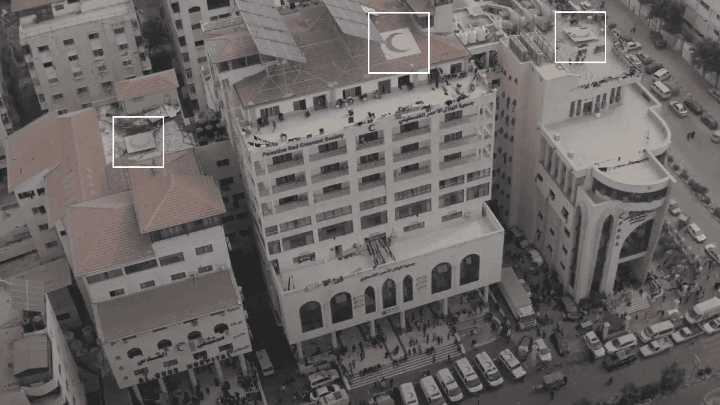 ICJ_Figure_7 - Figure 7: Crescents on top of the hospital buildings highlighted in white. Illustration by Forensic Architecture. Source: Al Jazeera