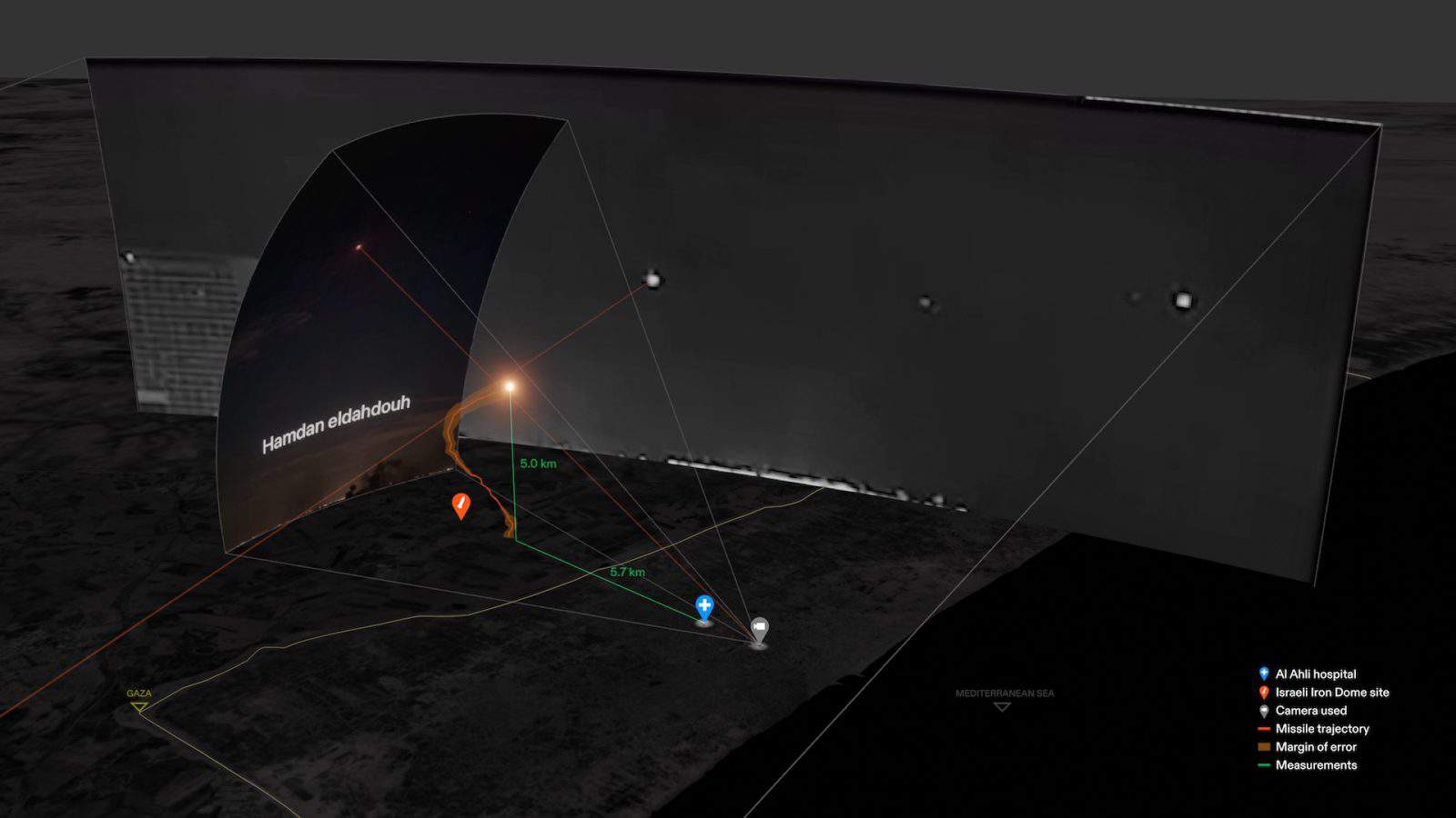  - The trajectory of the Israeli interceptor. (Forensic Architecture, 2023)