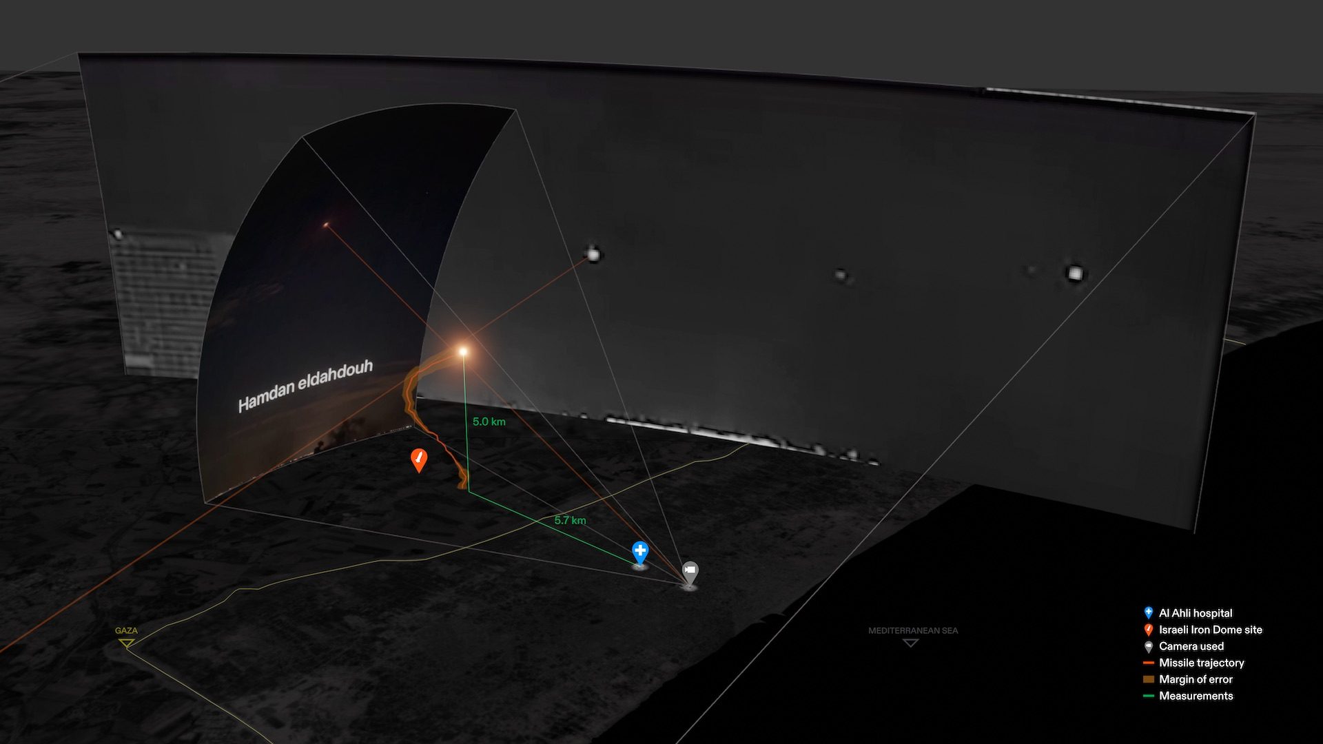  - The trajectory of the Israeli interceptor. (Forensic Architecture, 2023)
