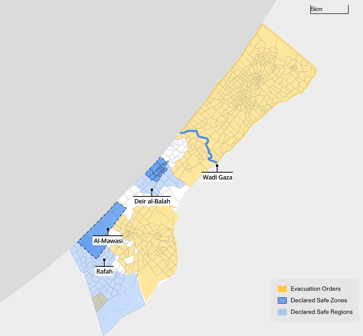  - Figure 8. A map showing the total area subjected to evacuation orders (in yellow) and ‘safe zones’ (in blue). The distinction between ‘Declared Safe Zones’ and ‘Declared Safe Regions’ is that the latter do not have explicitly defined boundaries; rather, they mark entire municipalities declared safe by Israeli announcements (here, Rafah and Deir al-Balah). (Forensic Architecture, 2024)