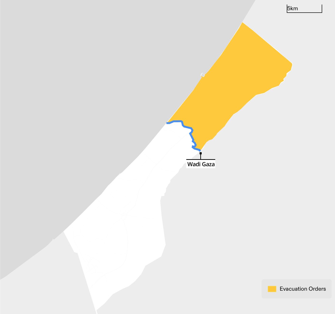 October Evacuation Order - Figure 1. The region indicated for evacuation by the 13 October evacuation order is highlighted in yellow. The area of this region is 134km², or 37% of the total area of the Gaza Strip. (Forensic Architecture, 2024)