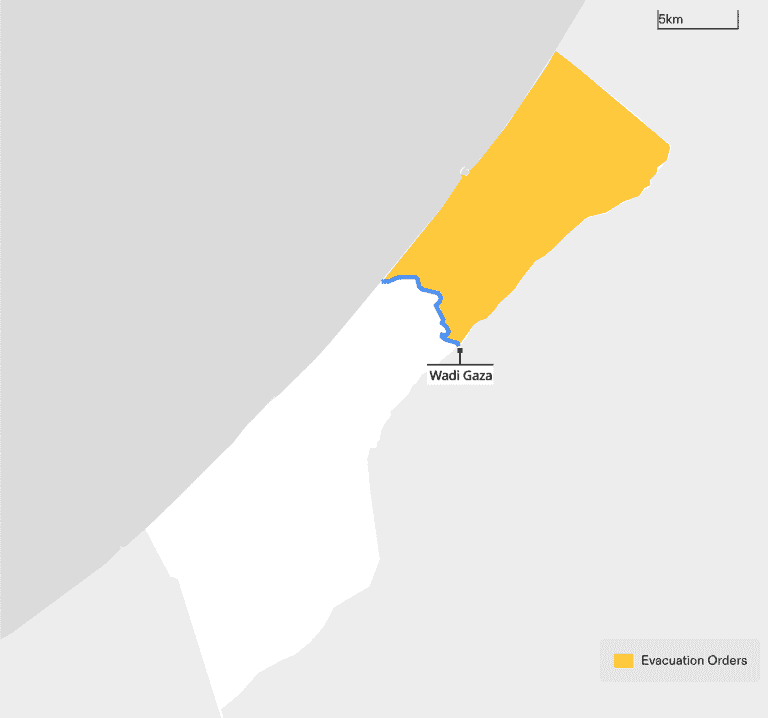 October Evacuation Order - Figure 1. The region indicated for evacuation by the 13 October evacuation order is highlighted in yellow. The area of this region is 134km², or 37% of the total area of the Gaza Strip. (Forensic Architecture, 2024)