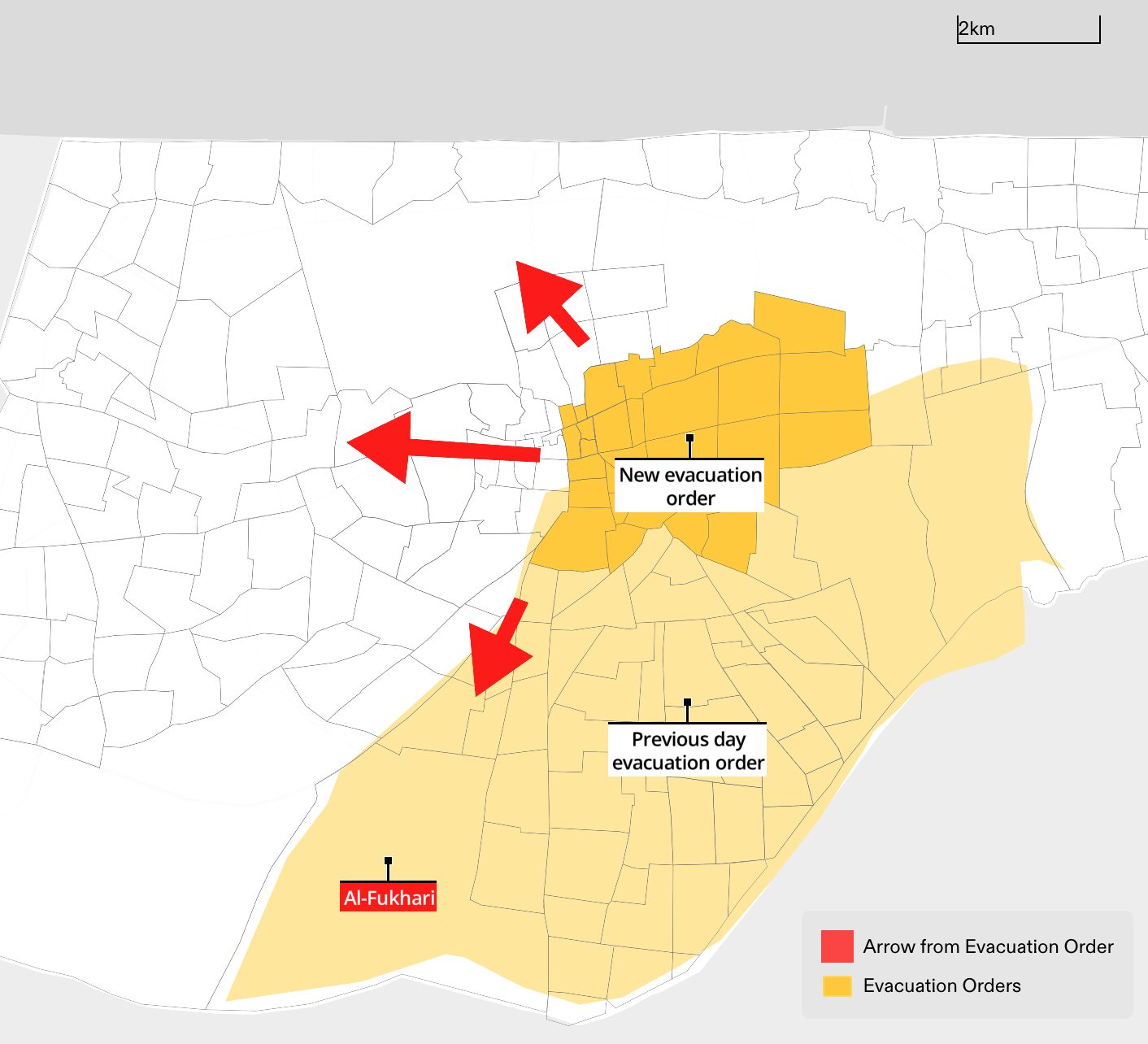  - Figure 10. A map showing an evacuation order posted on 3 December 2023 (in dark yellow, red arrows), compared to an evacuation order posted the previous day on 2 December 2023 (in light yellow). One of the arrows explicitly instructs moving to al-Fukhari (labelled red), which had already been instructed to evacuate on 2 December 2023. (Forensic Architecture, 2024)
