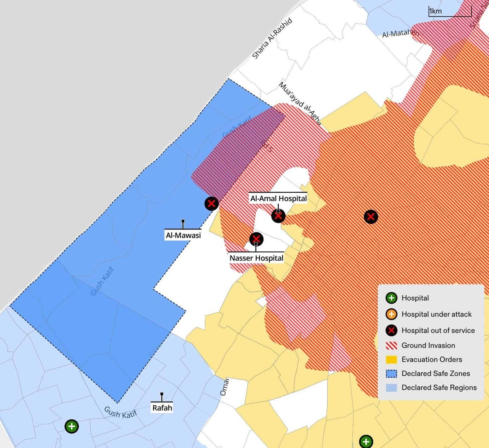  - Figure 11. A map created by Forensic Architecture of evacuation orders issued by the Israeli military up until 22 January (yellow), the al-Mawasi 'safe zone' announced by the Israeli military on 13 December (blue), and ISW data showing the Israeli ground invasion until 22 January (red). The ground invasion encroached both beyond the announced evacuation area and into the al-Mawasi humanitarian zone. (Forensic Architecture, 2024)