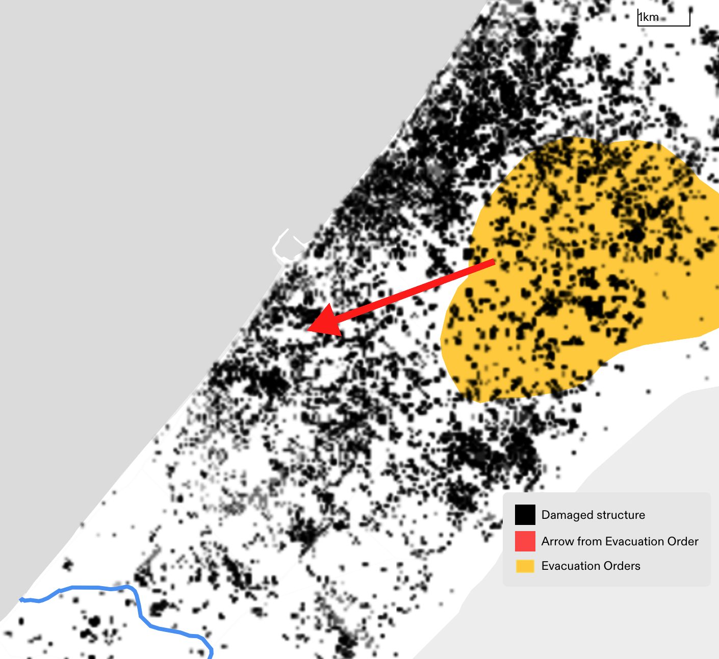  - Figure 15. A map showing the arrow from an ‘evacuation order’ posted on 8 December, which instructs evacuees to move to an area with destroyed and damaged structures, according to UNOSAT destruction analysis (black). (Forensic Architecture, 2024)