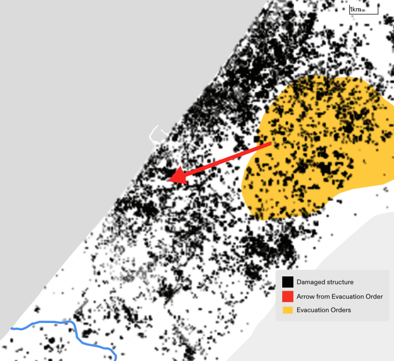- Figure 15. A map showing the arrow from an ‘evacuation order’ posted on 8 December, which instructs evacuees to move to an area with destroyed and damaged structures, according to UNOSAT destruction analysis (black). (Forensic Architecture, 2024)