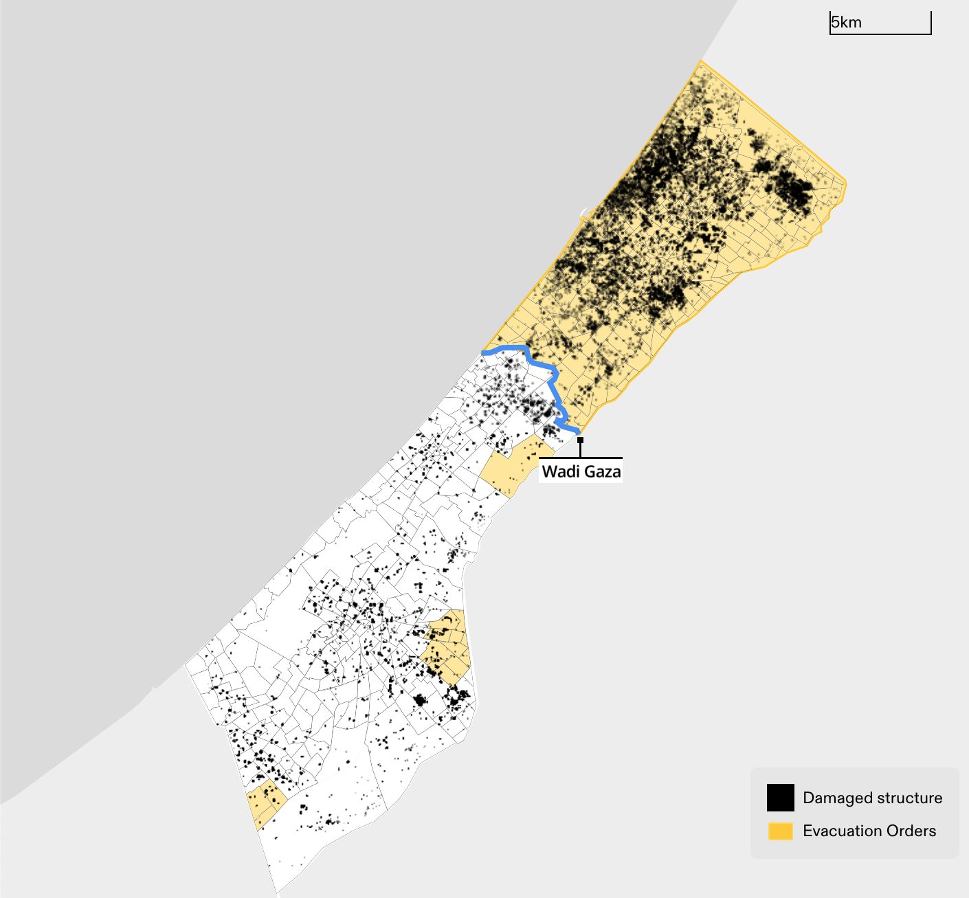  - Figure 14. A map showing the total area subject to evacuation orders through 26 November 2023 (in yellow), compared to destroyed and damaged buildings according to UNOSAT (black). The total area ordered to evacuate by this date was still 149km2 (41% of the total area of the Gaza Strip). (Forensic Architecture, 2024)