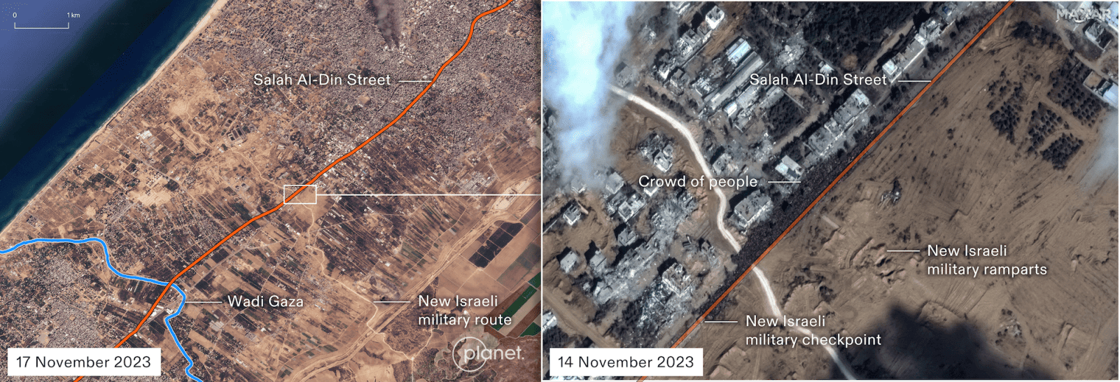 - Figure 2. Satellite imagery (© Planet Labs PBC) from 17 November shows the extent of the unofficial demarcation line extending from the western to eastern boundaries of Gaza. Left: Wadi Gaza is marked by a blue line. Right: Satellite imagery (© Maxar Technologies) from 14 November shows that a new checkpoint was installed where this new demarcation line intersects with Salah al-Din Street, one of the two main thoroughfares connecting Gaza's northern and southern regions and the sole evacuation route at this time (indicated by a solid orange line). (Forensic Architecture, 2024)