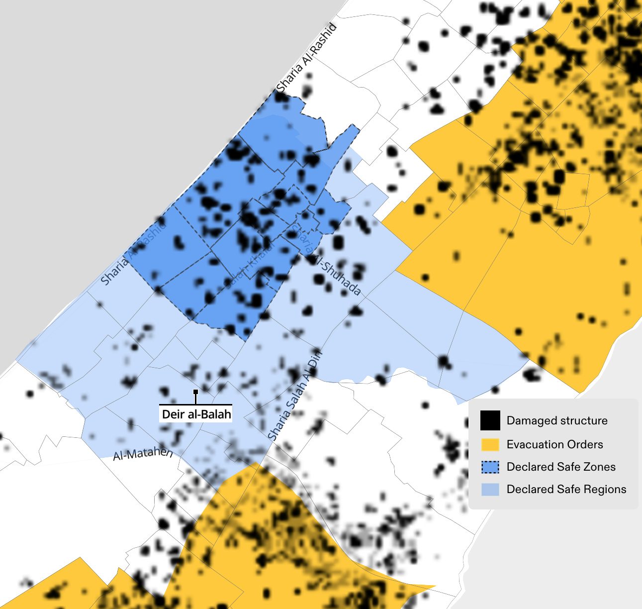  - Figure 22. Damage to structures (black) in the Deir al-Balah municipality (light and dark blue) as of 7 January 2024 based on data published by UNOSAT. The darker blue region indicates numbered blocks that the Israeli military explicitly announced as ‘safe’ in a flyer distributed on 8 January 2024. (Forensic Architecture, 2024)