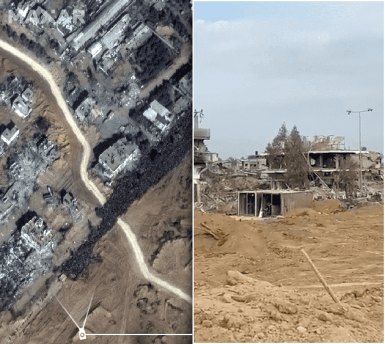 - Figure 3. Left: Aerial view (satellite imagery © Maxar Technologies) of the checkpoint on Salah al-Din Street. Right: The checkpoint as viewed from an Israeli military position (marked with a camera icon on the left image). Video source: https://twitter.com/darthintra/status/1724198163006038226 (Forensic Architecture, 2024)