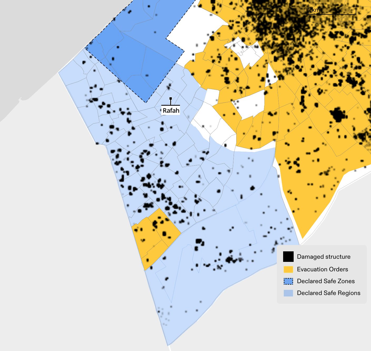  - Figure 23. Damage to structures (black) in the Rafah municipality (light blue) as of 7 January 2024 based on data published by UNOSAT. (Forensic Architecture, 2024)