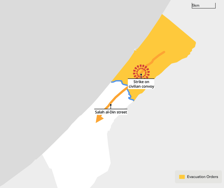 - Figure 18. On the same day of the evacuation order instructing the civilian population north Wadi Gaza to evacuate, the Israeli-sanctioned ‘safe route’ along Salah al-Din Street designated to facilitate evacuation was bombed by the Israeli military. A civilian convoy was hit, and seventy civilians were reportedly killed. (Forensic Architecture, 2024)