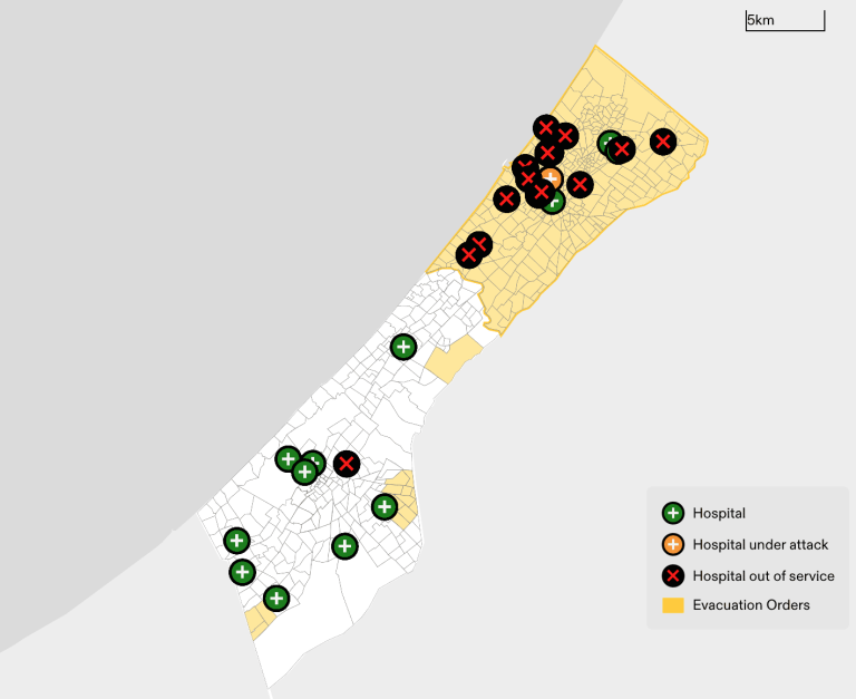 - Figure 24. During Phase 1 of mass displacement (between 13 October and 24 November 2023) at least 16 out of 20 hospitals in northern Gaza went out of service. Three of the remaining hospitals were forced out of service after the end of the temporary ceasefire in December 2023. The one hospital in ‘northern’ Gaza that remained functional after December 2024 was a smaller maternity facility. (Forensic Architecture, 2024)