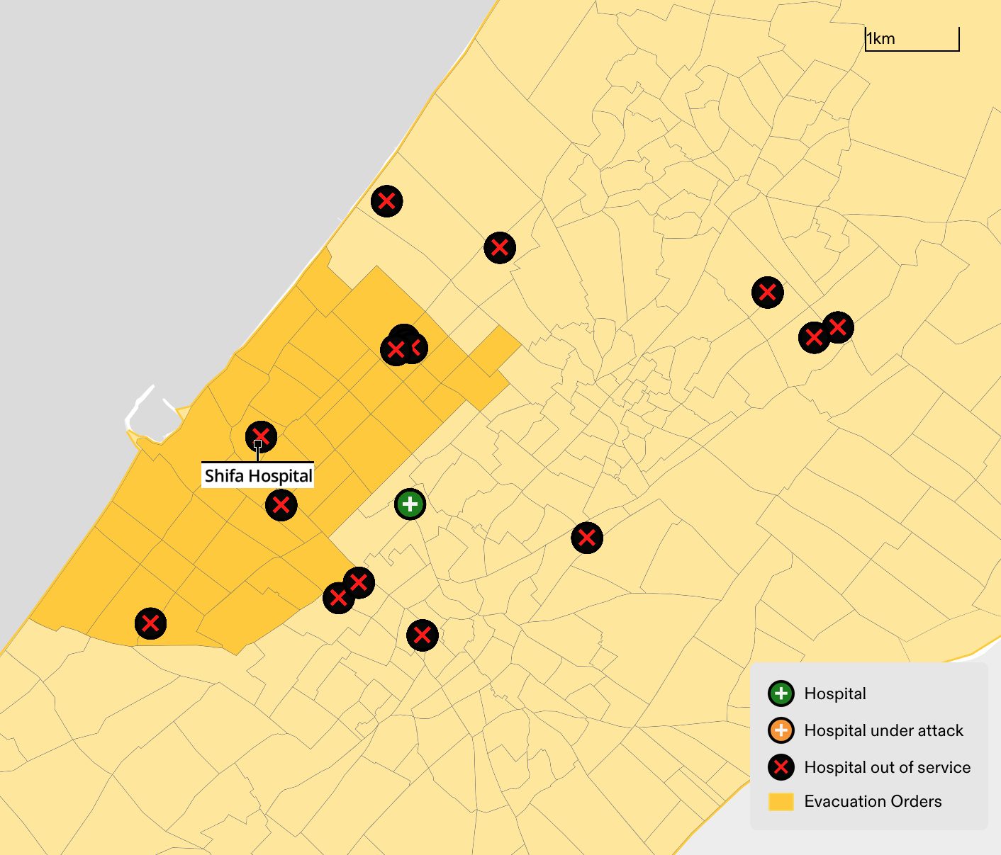54 Evac After Shifa - Figure 26. An ‘evacuation order’ was published on 29 January 2024 (darker yellow region) for the area where al-Shifa is located, weeks after the hospital was already invaded and went out-of-service in November 2023, and after it started regaining parts of its functionality following the temporary ceasefire. (Forensic Architecture, 2024)
