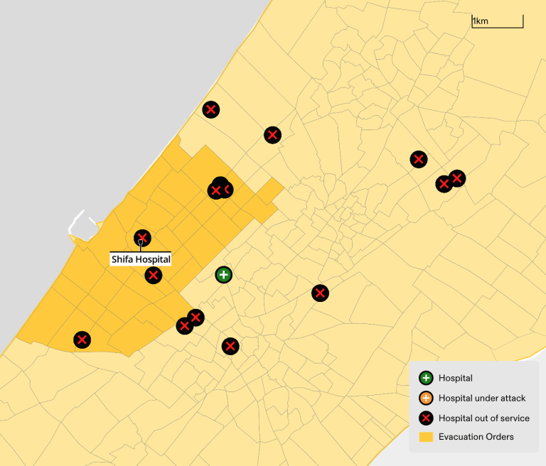 54 Evac After Shifa - Figure 26. An ‘evacuation order’ was published on 29 January 2024 (darker yellow region) for the area where al-Shifa is located, weeks after the hospital was already invaded and went out-of-service in November 2023, and after it started regaining parts of its functionality following the temporary ceasefire. (Forensic Architecture, 2024)