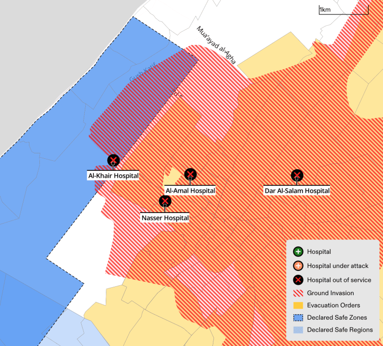 - Figure 28. The ground invasion in Khan Younis has pushed Nasser and al-Amal hospitals out of service, in addition to al-Khair, the only hospital inside the ‘safe zone’ in the area. (Forensic Architecture, 2024)