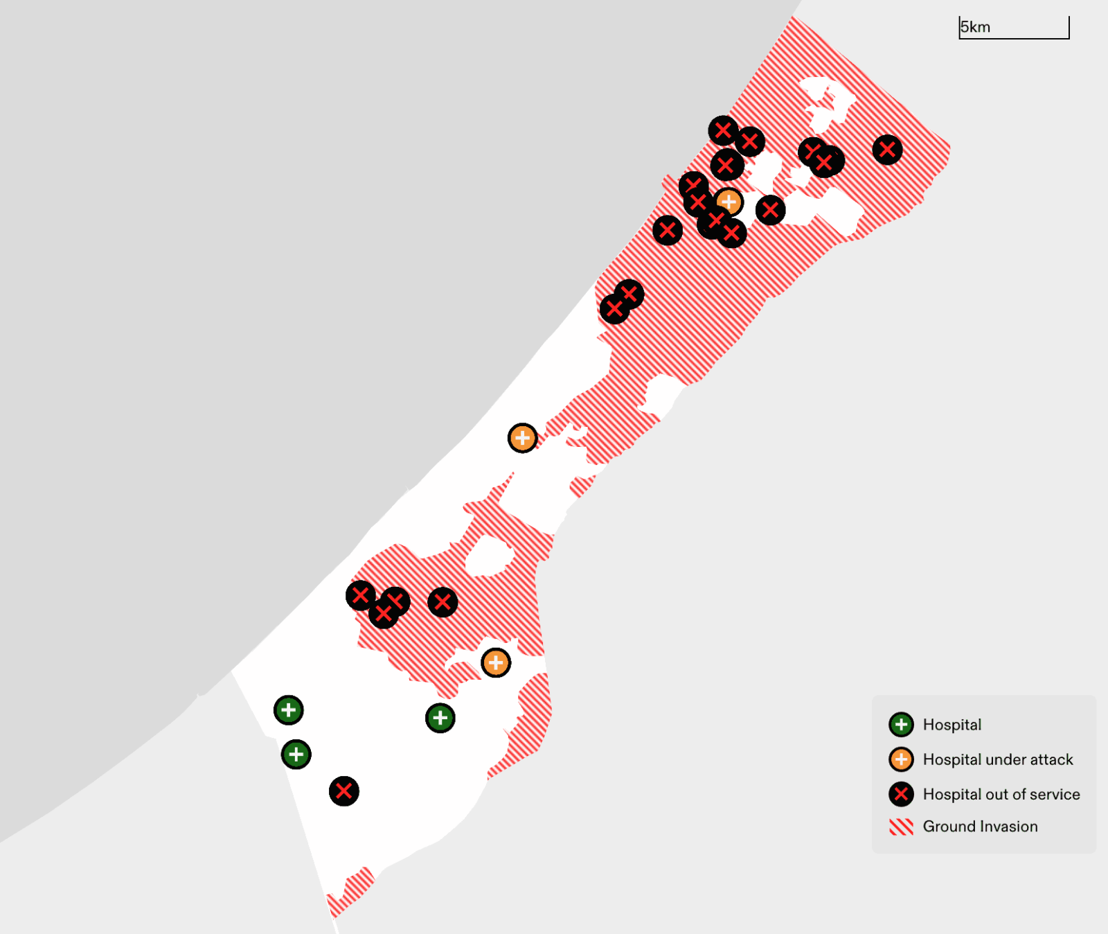 - Figure 27. Correlation between the expansion of the Israeli ground invasion and the locations of hospitals forced out of service. (Forensic Architecture, 2024)
