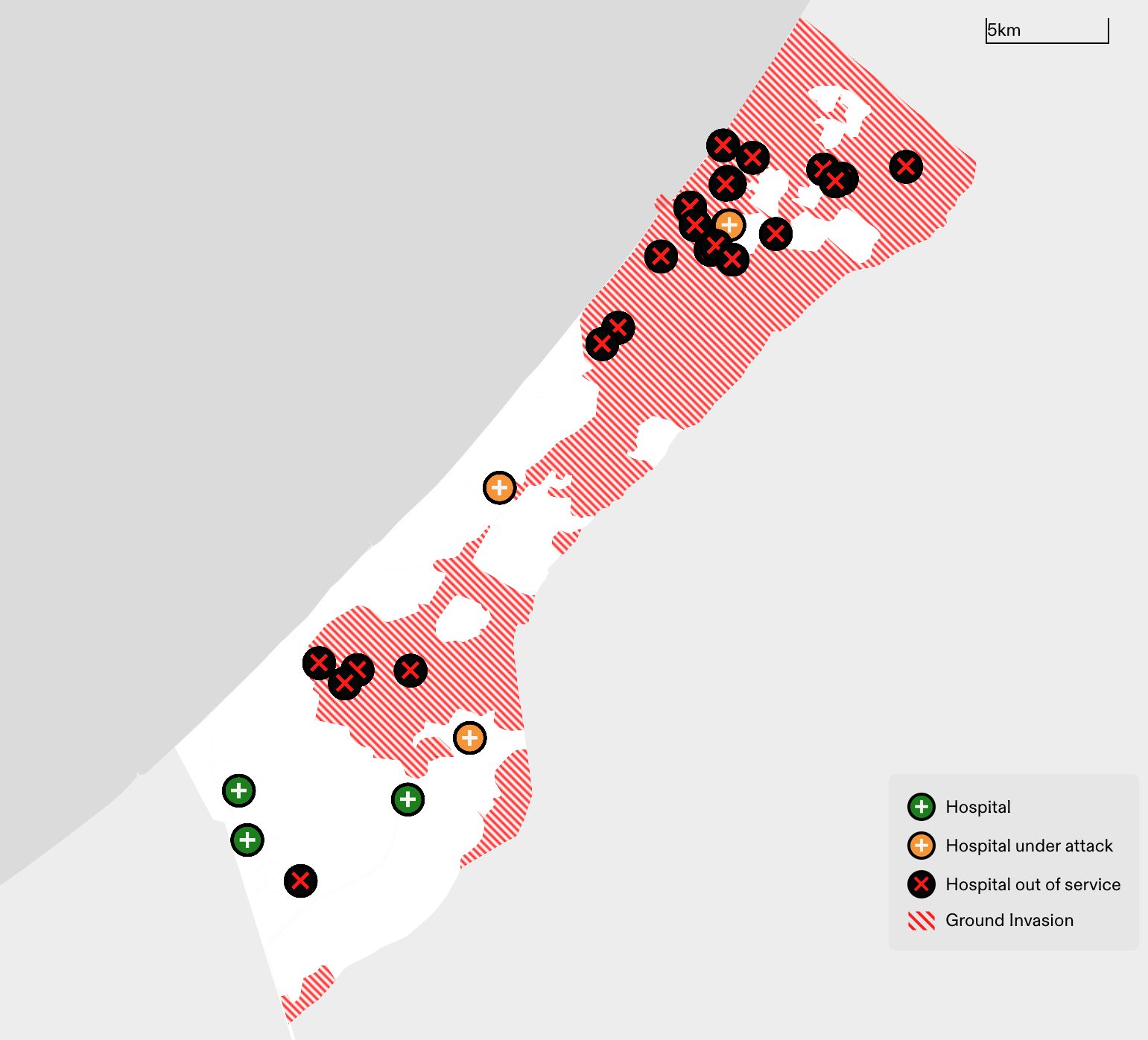  - Figure 27. Correlation between the expansion of the Israeli ground invasion and the locations of hospitals forced out of service. (Forensic Architecture, 2024)