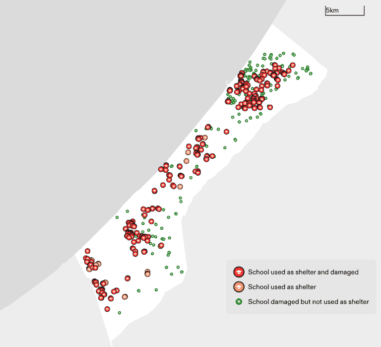57-School-shelter-damage - Figure 29. Data published by the UN shows locations of damaged and destroyed schools in Gaza Strip. Schools documented to have received internally displaced people (IDPs) are marked by larger icons (red and yellow). Schools that received IDPs and were also damaged are marked red. The map only shows schools that have been damaged.(Forensic Architecture, 2024)
