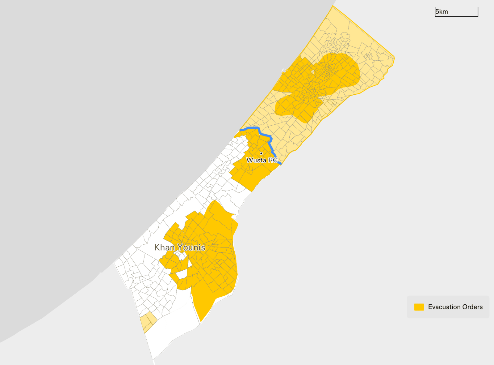 - Figure 4. A graphic of all areas in the Gaza Strip ordered to evacuate during Phase 1: those given ‘evacuation orders' before the numbered grid system was introduced on 1 December 2023 (in light yellow), and those ordered to evacuate using the numbered block system in Phase 2 between 2 December 2023 and 6 March 2024 (in dark yellow). The ‘evacuation orders’ extended to the refugee camps in the middle of the Gaza Strip, such as Wusta Refugee Camp, and large areas in the Khan Younis municipality. (Forensic Architecture, 2024)