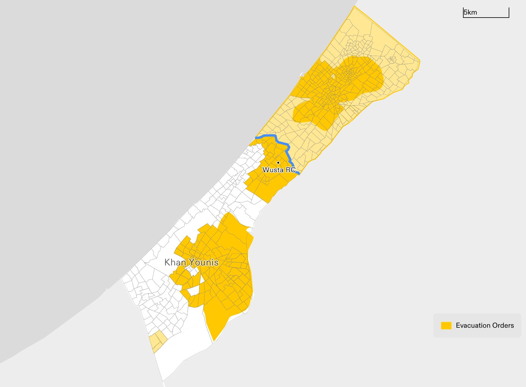  - Figure 4. A graphic of all areas in the Gaza Strip ordered to evacuate during Phase 1: those given ‘evacuation orders' before the numbered grid system was introduced on 1 December 2023 (in light yellow), and those ordered to evacuate using the numbered block system in Phase 2 between 2 December 2023 and 6 March 2024 (in dark yellow). The ‘evacuation orders’ extended to the refugee camps in the middle of the Gaza Strip, such as Wusta Refugee Camp, and large areas in the Khan Younis municipality. (Forensic Architecture, 2024)