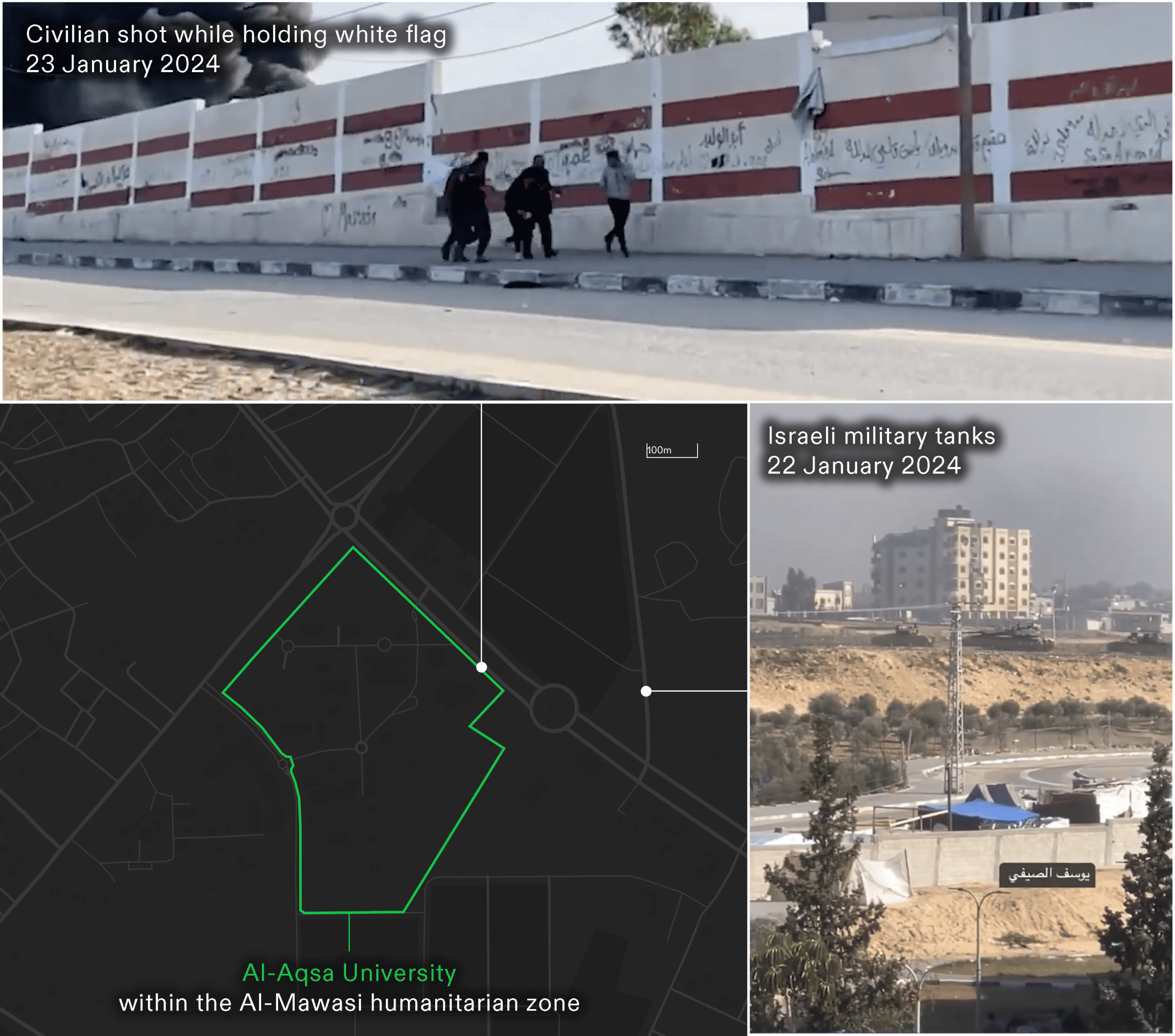 - Figure 19. The location of Israeli tanks on 22 January 2024, and the location of a civilian shot at while holding a white flag on 23 January 2024, with respect to al-Aqsa University within the al-Mawasi Humanitarian Zone. (Forensic Architecture, 2024)