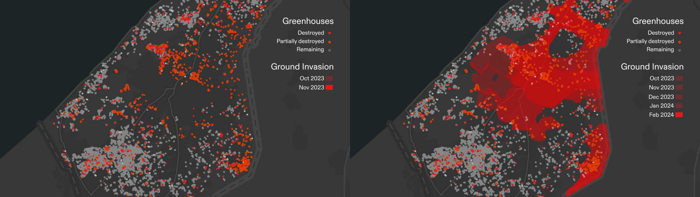  - Figure 10. Map (left) shows destroyed (red) and partially destroyed (orange) greenhouses in southern Gaza since October 2023. Map (right) shows the destroyed greenhouses in relation to the area occupied during the Israeli ground invasion as of February 2024. (Forensic Architecture)
