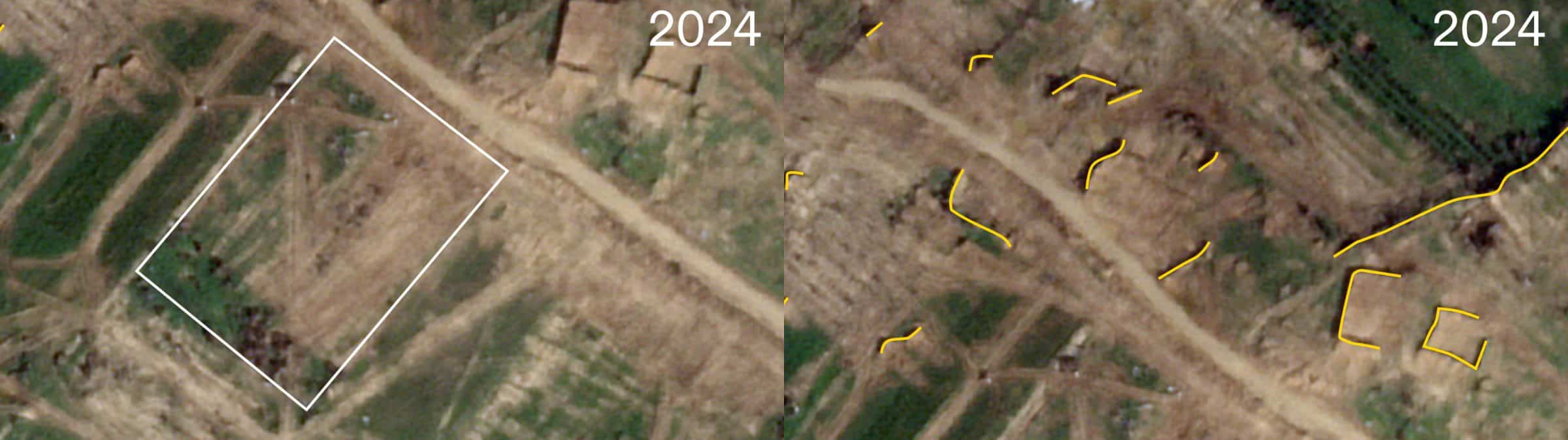  - Figure 3. Annotated satellite image (© Planet Labs PBC) from January 2024 of the Abu Suffiyeh family’s orchards reveals the destruction of the farm (in white) by the Israeli military and the construction of fortifications and a new road (in yellow).