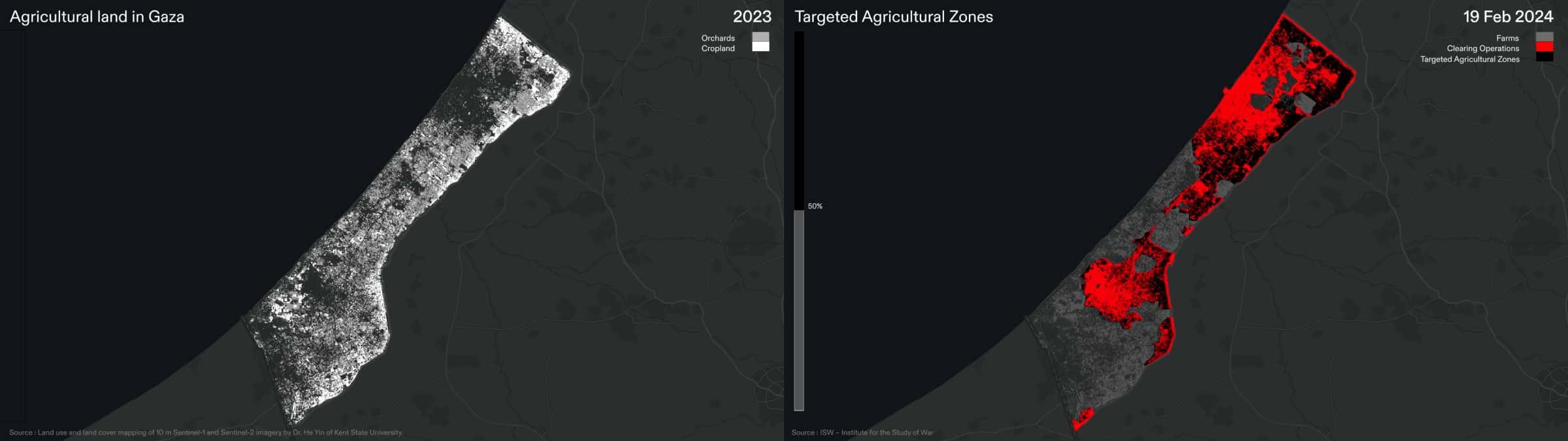  - Figure 5. Map (left) of orchards (grey) and croplands (white) in Gaza from 6 October 2023 (based on land use and land cover mapping of 10 m Sentinel-1 and Sentinel-2 imagery by Dr. He Yin of Kent State University), compared to a map (right) of the Israeli ground invasion of Gaza as of 19 February 2024. (Forensic Architecture)