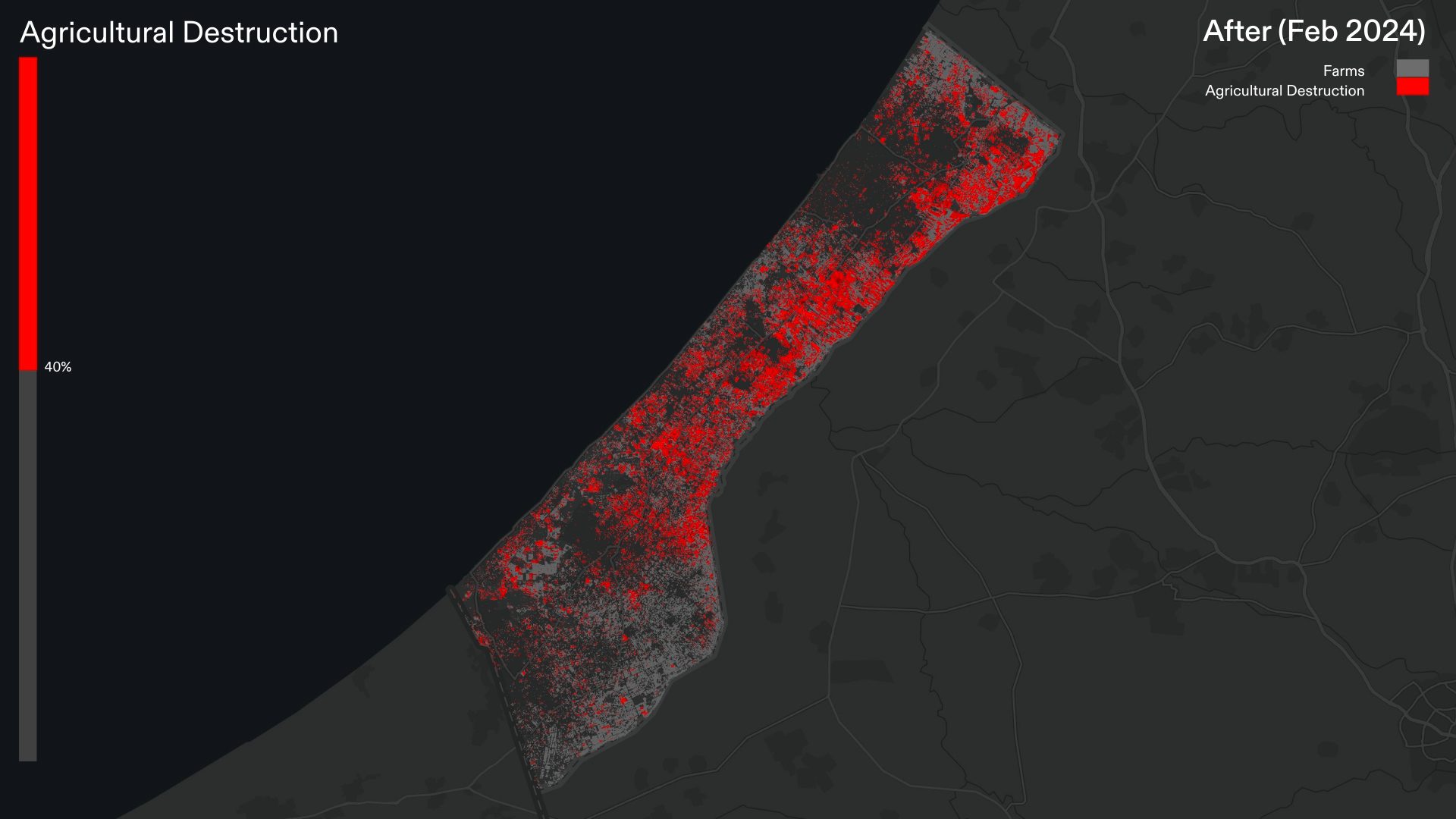  - Figure 7. A comparison of NDVI analysis of agricultural fields and orchards before and after Oct 2023, indicates a loss of 40% of the total food resources. Brighter shades of red indicate higher levels of destruction. (Forensic Architecture, 2024)