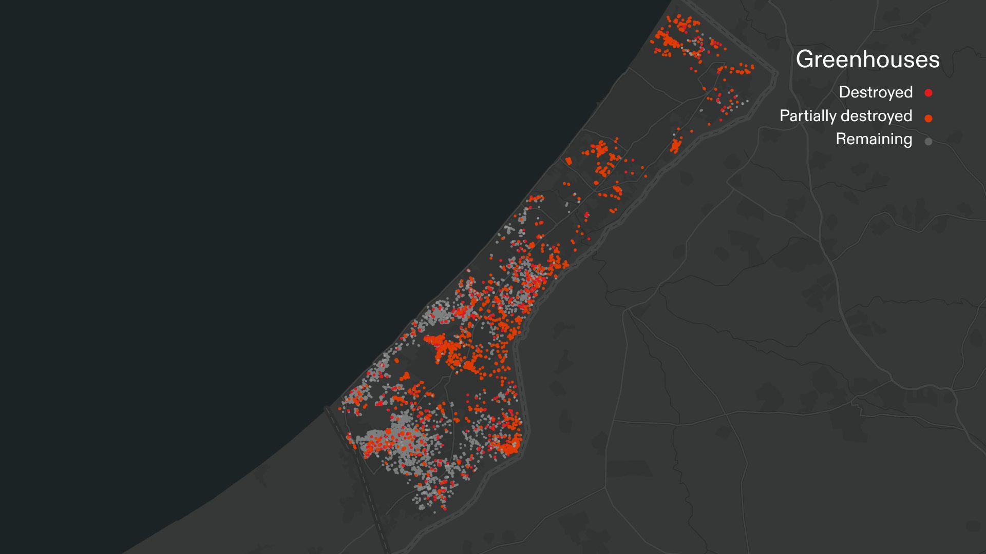  - Figure 8. Between October 2023 - February 2024, almost one third of Gaza’s greenhouses were destroyed. (Forensic Architecture, 2024)