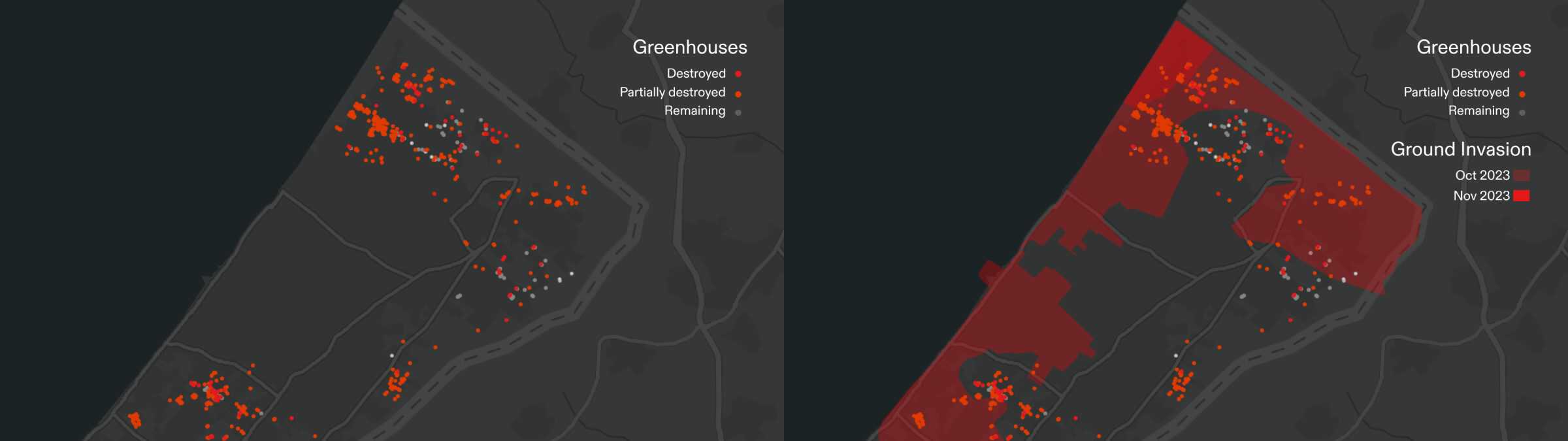  - Figure 9. Map (left) shows destroyed (red) and partially destroyed (orange) greenhouses in northern Gaza since October 2023. Map (right) shows the destroyed greenhouses in relation to the area occupied during the Israeli ground invasion as of December 2023. (Forensic Architecture)